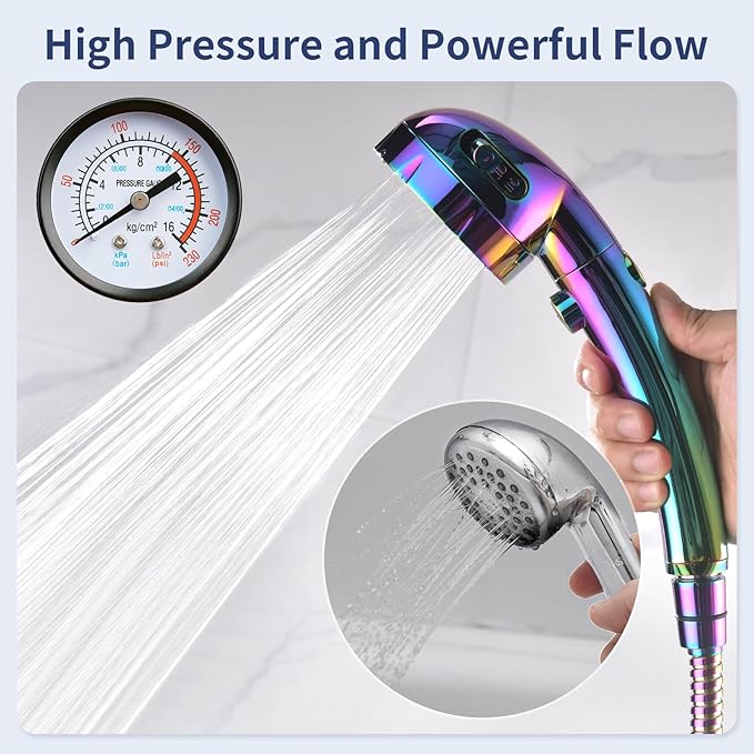 HANLIAN High Pressure Shower Head with Pause Button, 3 Spray Modes Shower Head for RV Camper, Water Saving On Off Shower, Handheld Shower Head with Hose and Holder (Radiant Rainbow)