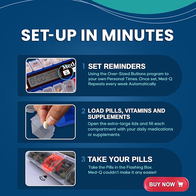 Med-Q Digital Pill Box with Alarms – Pill Organizer with Flashing Lights & Beeping Reminders – Monthly Pill Dispenser for Seniors, Dementia, Alzheimer’s, Medication & Vitamin Management