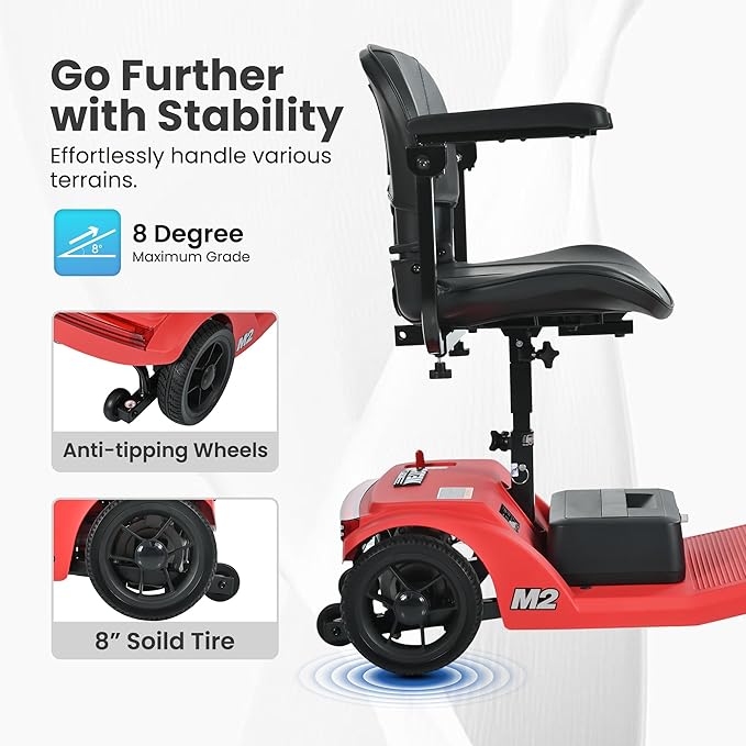 Mobility Scooter for Seniors and Adults M2 Red, USB Port for 20 Miles Long Range Foldable Electric Scooter, 260W Motor, 330 LBS Heavy Duty Capacity, Portable and Lightweight for Travel