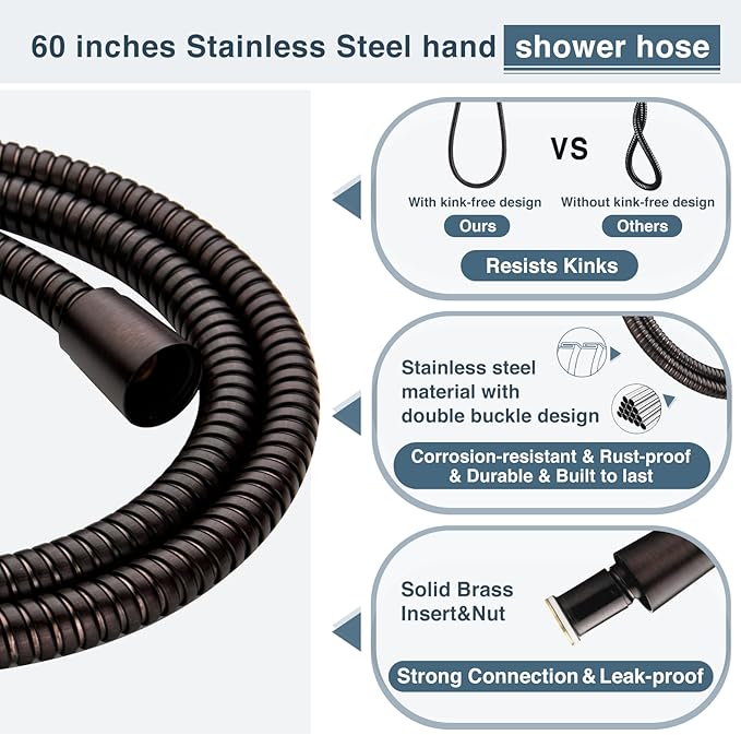 BRIGHT SHOWERS High Pressure Handheld Shower Head Set, High Flow Hand Held Showerhead with 60" Long Stainless Steel Hose and Adjustable Wall Bracket, 3 Spray Setting Shower Wand, Oil-Rubbed Bronze