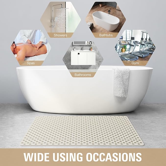 OTHWAY Large Shower Mat, 47"x 32" TPE Anti Slip Shower Mat, Heavy Bath Mats for Shower with Drain Holes Suction Cups, Shower Stall Mat for Bathroom, No Odor Shower Grip Mat for Elderly Kids(W-White)