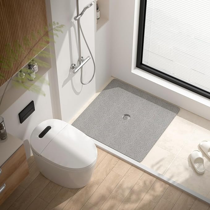 HITSLAM Square Shower Mat, 36 x 36 Inch Non Slip Bath Mat for Tub, Soft PVC Loofah Bathtub Mats with Drain Holes, Quick Drying Bathroom Stall Floor Mat, Bathroom Accessories Without Suction Cup, Grey