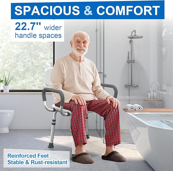 HOMLAND Shower Chair for Inside Shower with Arms and Back, 500 lbs Heavy Duty Shower Seat for Bathtub, Height Adjustable Safety Bath Seat for Elderly, Adults, Handicap and Disabled, White