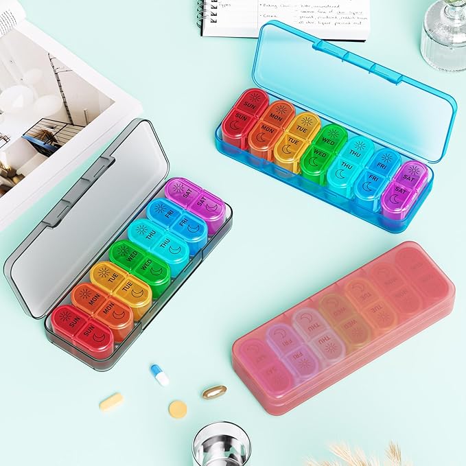 Betife AM PM Pill Organizer 7 Day, Weekly Pill Organizer 2 Times a Day, Daily Pill Box AM PM, Portable Travel Medicine Case, Day and Night Pill Container for Medication, Vitamin or Supplement(Black)