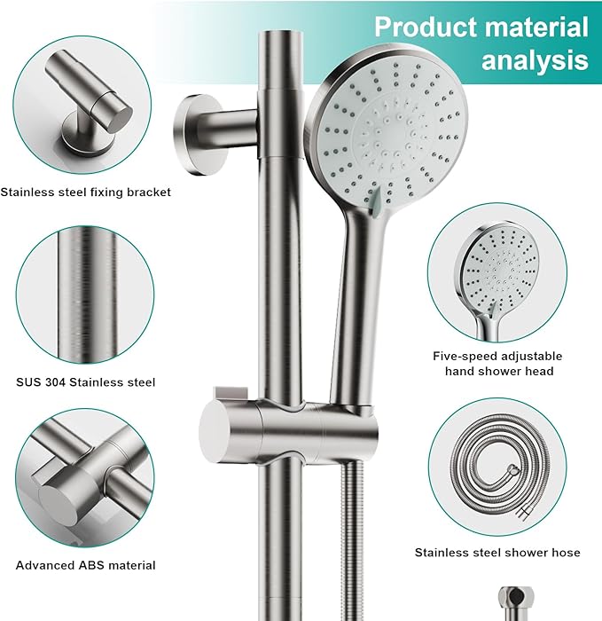 Shower Slide Bar Handheld Shower Head with Hose, 5-Function Hand Shower with Wall Mount,shower slide bar,adjustable height shower head (A-round, Brushed Nickel)