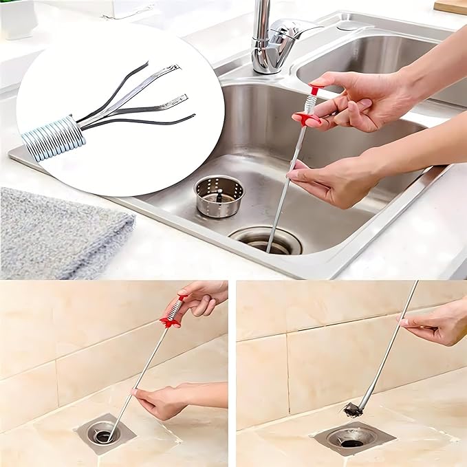 Flexible Drain Clog Remover Tool, Extra Long Plumbing Snake Hair Catcher with 4-Prong Grabber Claw, Heavy-Duty Spring Reacher for Kitchen Sink, Bathroom Tub, Sewer & Dropped Items (24 inch)