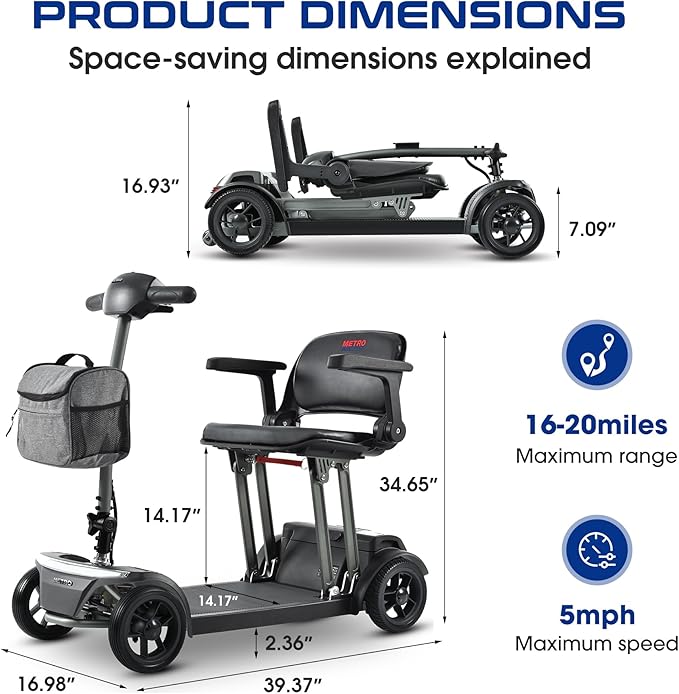 Metro Mobility Powered Mobility Scooters, 4 Wheel Mobility Scooters for Adults, 265 lbs Capacity Folding Mobility Scooter Lightweight, 20 Miles Long Travel Range Scooter with USB Charger Port Black