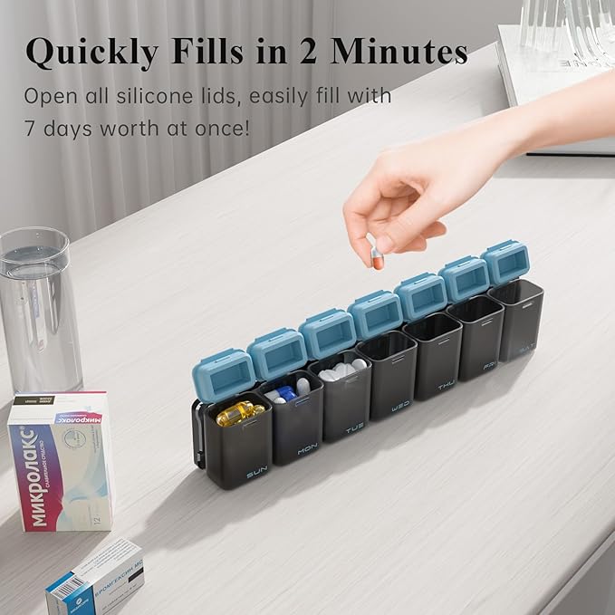 KOVIUU Weekly Pill Organizer Magnetic, Removable Pill Box 7 Day 1 Time a Day, Large Pill Case Travel, Week Once Daily Medication Dispenser, Medicine Container Holder for Supplement Vitamin, Blue