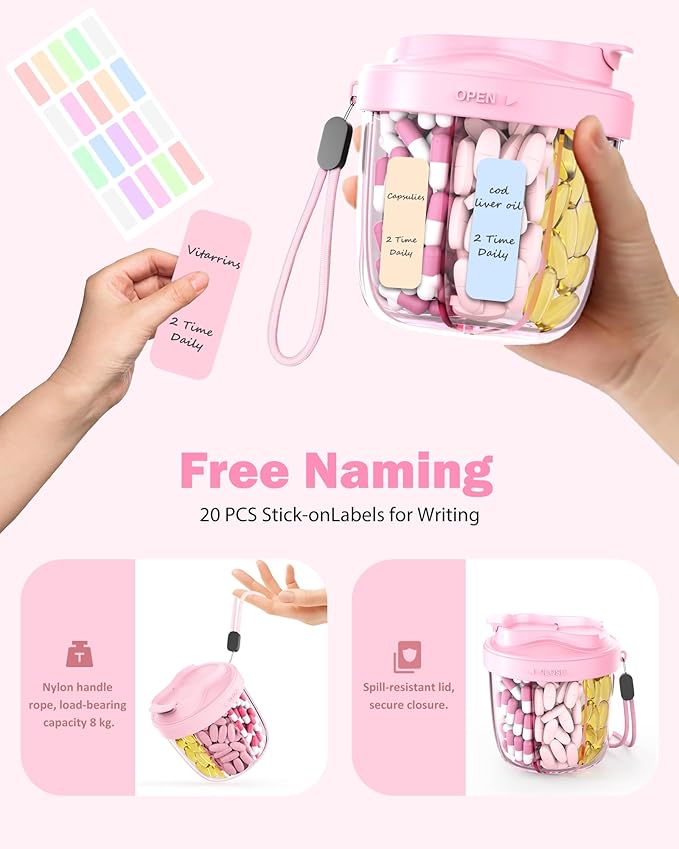 Cute Pill Organizer,Pill Dispenser with 7 Large Compartments,Portable Pill Bottle Box with Wide Opening for Easy Use, Anti-Mix Pills Organizer for Travel,Includes 20 Pcs Sticky Labels(Pink)