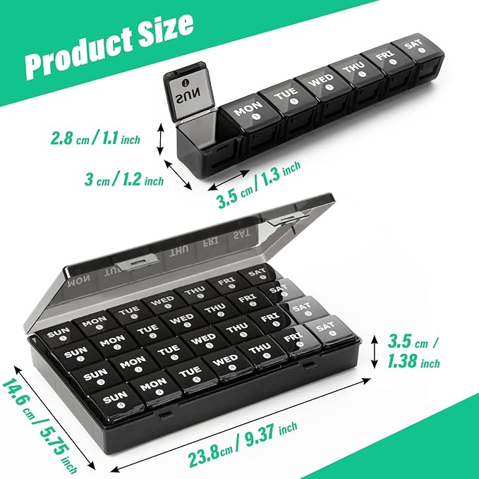 Large Monthly Pill Organizer, XL 4 Weeks Pill Box,28 Day Pill Cases Organizerd by Week,Big Compartment Pill Container with Dust-Proof,for Pills/Vitamin/Fish Oil/Supplements,by Yaklim (Black)