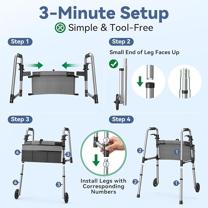 Loyoda Folding Walker with Basket and Glide Skis, 5" Wheels Lightweight Walkers for Seniors and Adults, Supports Up to 350 Pounds, Adjustable Height, Compact Standard Walker