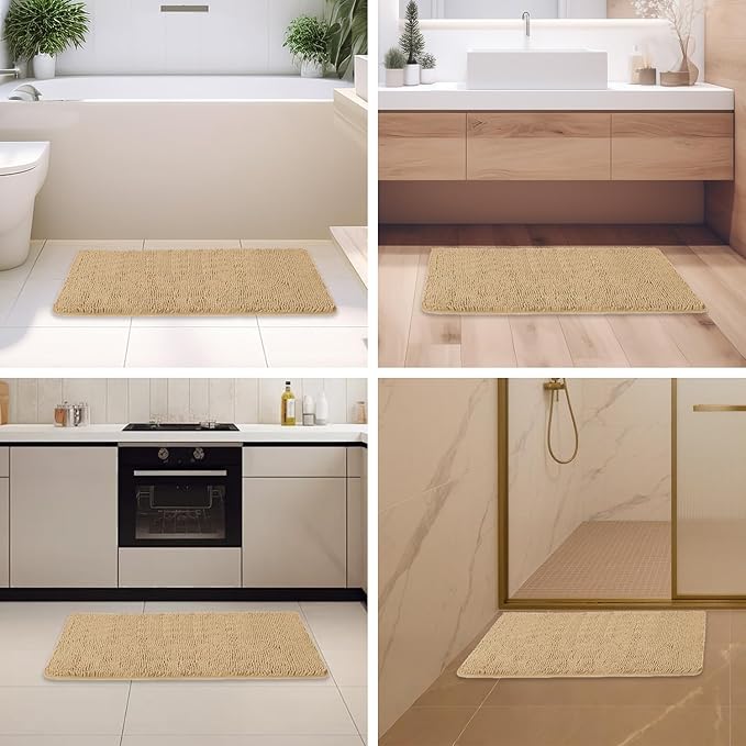Beige Bathroom Rugs – Absorbent and Washable Bath Mat, Non-Slip, Thick Soft Chenille Bath Rugs for Bathroom Floor, Shower, Sink - 24" x 36"