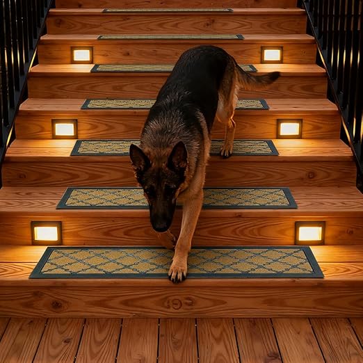 Stair Carpet Outdoor for Wooden Steps, Non-Slip Rubber Brown Stair Runner Rugs, 2 Pcs 8.5" x 30" Heavy Duty Stair Mats for Outside Steps, Weatherproof Grip for Elders, Dogs & Kids, Yellow Lattice.