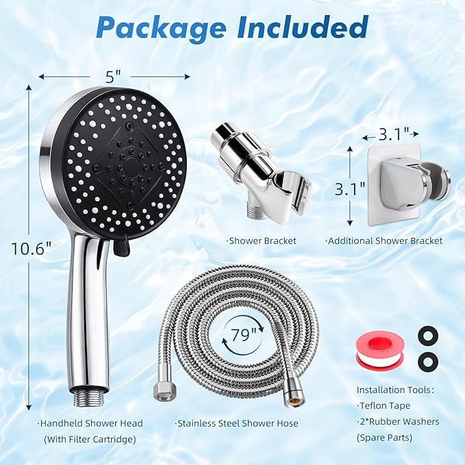 Handheld Shower Head with Hose, 10-Mode High Pressure Rainfall Showerhead with Filter & Extra Long 79” Hose, Adjustable Height Hand Held Shower Sprayer with Adhesive Shower Head Holder