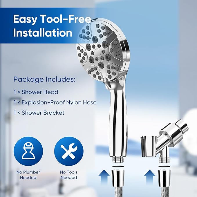 High Pressure Shower Head with Handheld, 6 Spray Modes & Pause Button, 4.1” Rainfall Detachable Showerhead with Anti-burst Nylon Hose & Holder, Premium ABS, Anti-Clog Nozzles, for Low Water Pressure