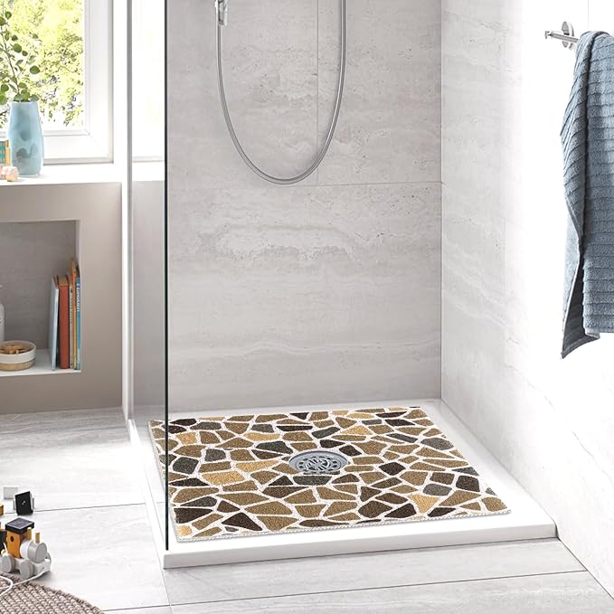 Square Shower Mat Non Slip: 24 x 24 Inch Extra Large Shower Mats with Drain Hole in Middle - PVC Loofah Anti Slip Shower Floor Matt for Inside Shower