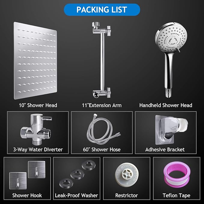 Shower Head Combo,10 Inch High Pressure Rain Shower Head with 11 in Adjustable Extension Arm and 5 Settings Handheld,Powerful Shower Spray Against Low Pressure Water with Long Hose