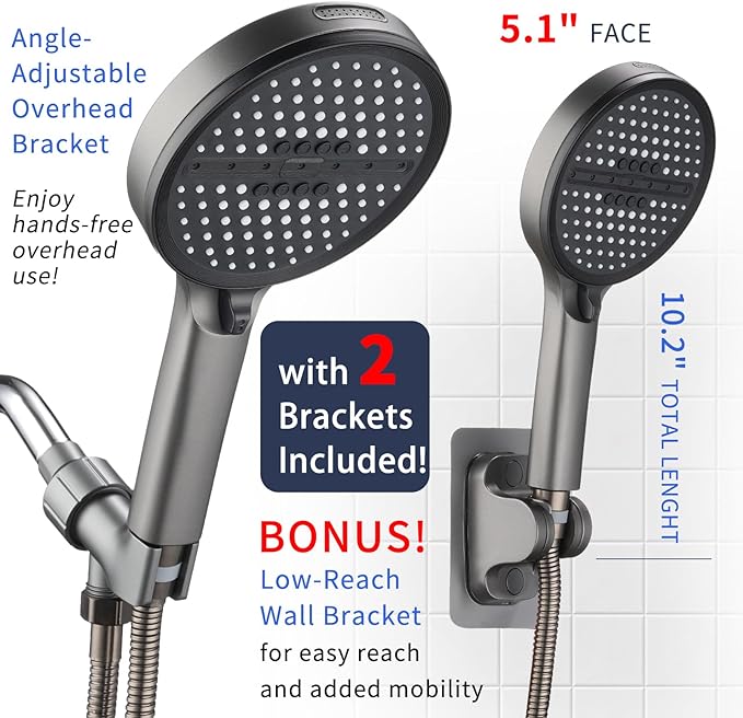 High Pressure 6-mode Handheld Shower Head- Anti-clog Nozzles,Built-in Power Wash to Clean Tub, Tile & Pets,Stainless Steel Hose, Wall & Overhead Brackets