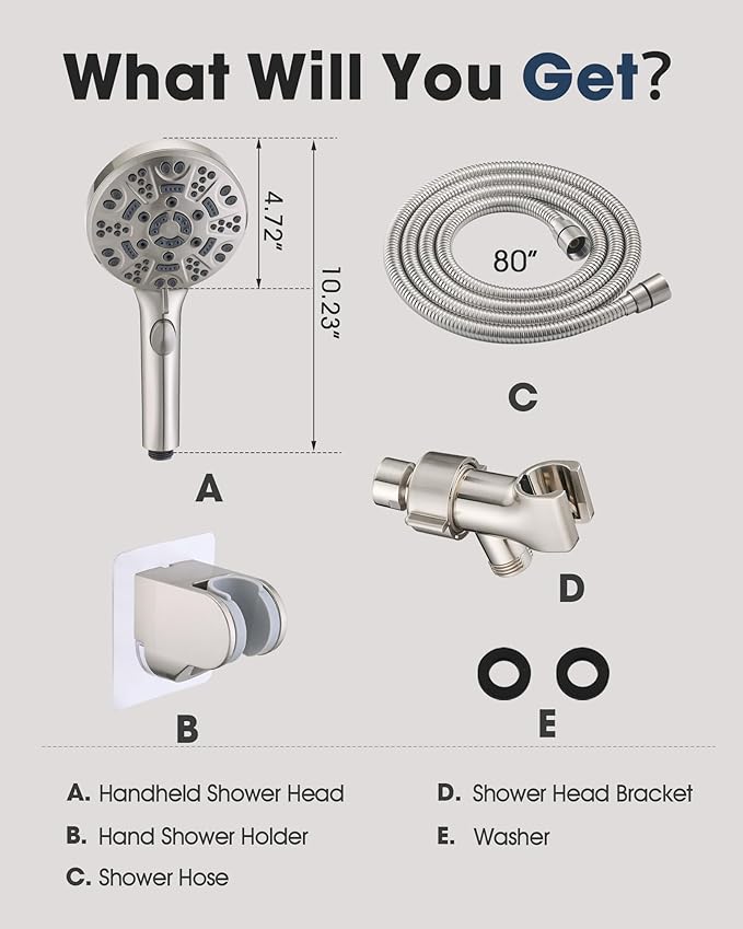 Handheld Shower Head with 6.56ft Extra Long Hose, On Off Switch 8-Seting High Preesure Hand Held Showerhead, Low-Reach Adhesive Holder for Kid, Disable& Elder (Brushed Nickel)