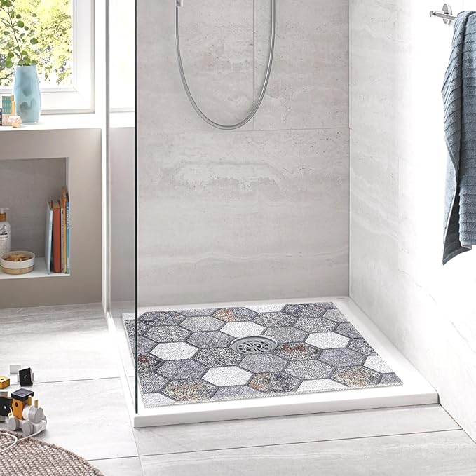 Square Shower Mat Non Slip: 27 x 27 Inch Large Shower Mats with Drain Hole in Middle - PVC Loofah Anti Slip Shower Floor Matt for Inside Shower