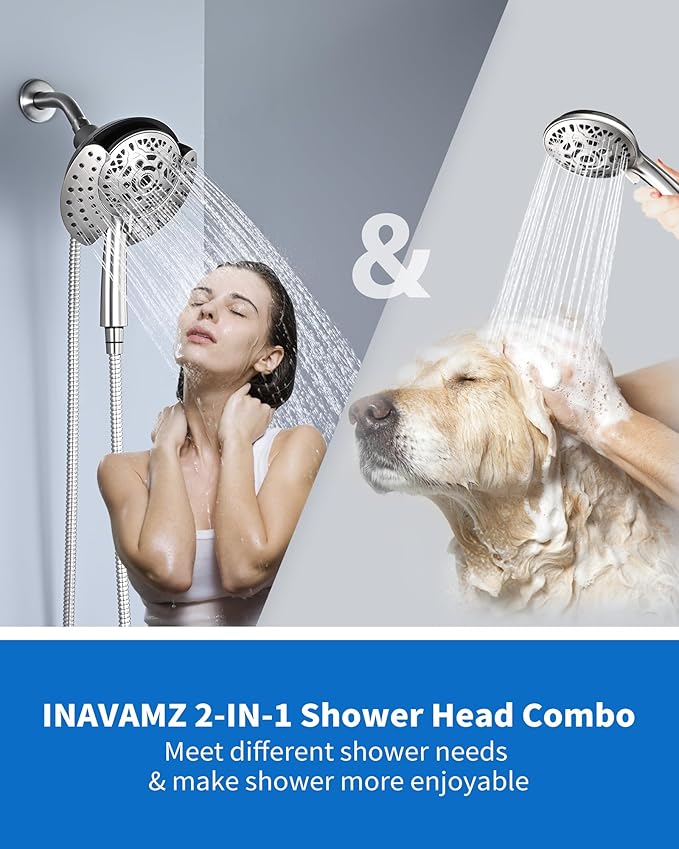 INAVAMZ 2.5GPM Shower Heads with Handheld Spray Combo: 7.2" Rainfall Shower Head & Hand Held Shower Head 2-IN-1 Shower Head with 60" Rotatable Stainless Steel Hose Nickel, Shower Trim Systems