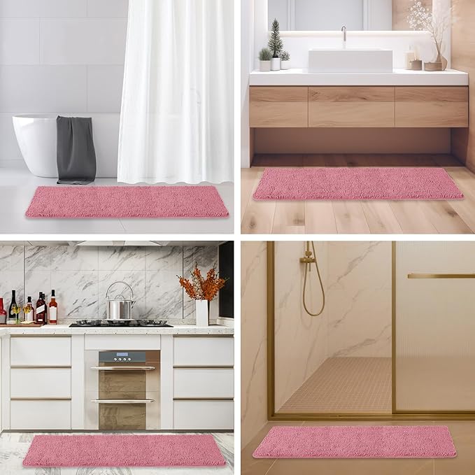 Bathroom Runner Rug 47 x 17 Inch – Long Bath Mat | Absorbent and Washable Thick Chenille Bath Rug Non-Slip Runner Rug for Bathroom, Shower, Sink(Dusty Rose)