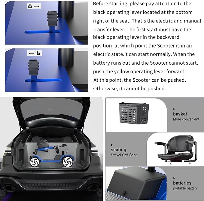 32 Miles Electric Mobility Scooter for Adults, Elderly. 20A Wheelchair Device for Travel. Capacity 350 lbs, 350W Mobility Scooters for Seniors with Removable Battery and Two Baskets (Y3-Blue)