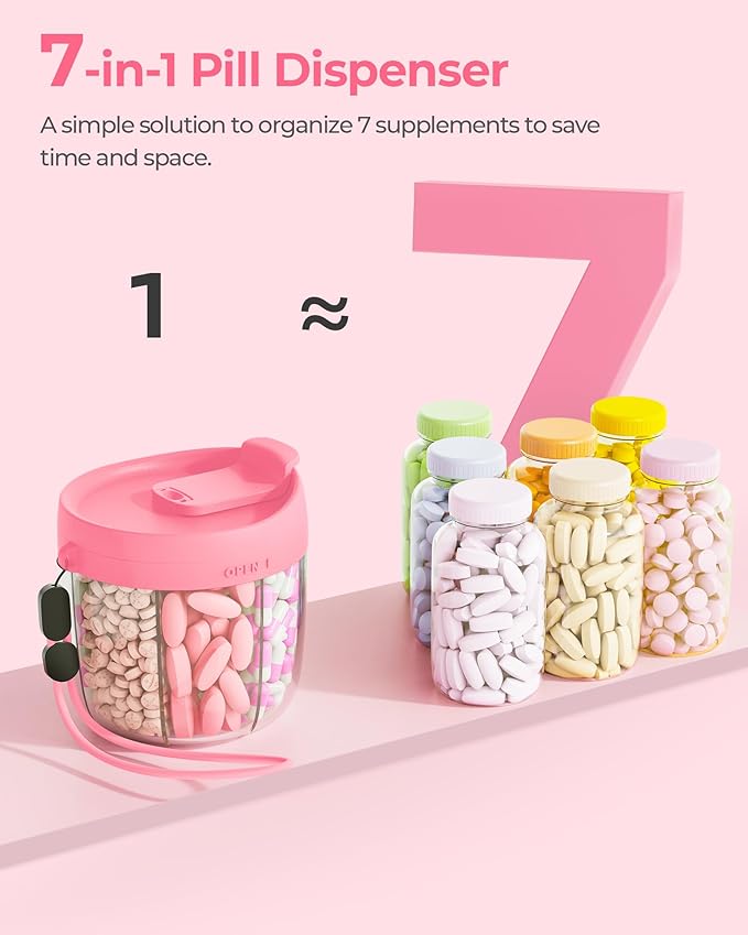 AMOOS Cute Pill Dispenser with 7 Large Compartments, Portable Pill Bottle Organizer with Wide Opening for Easy Use, Anti-Mix Pill Organizer for Travel, BPA-Free Pill Container, Hot Pink