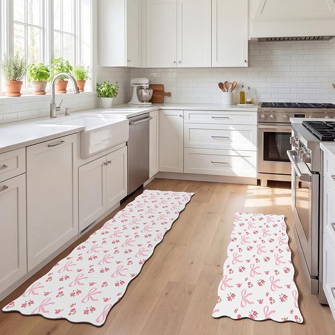 2 Pcs Pink Kitchen Rugs and Mats Set Coquette Bow Floral Non-Slip Waterproof Floor Mats, 47"x16.5" & 30"x16.5" Pink Decor Rugs for Kitchen Sink, Laundry Room Standing, Machine Washable