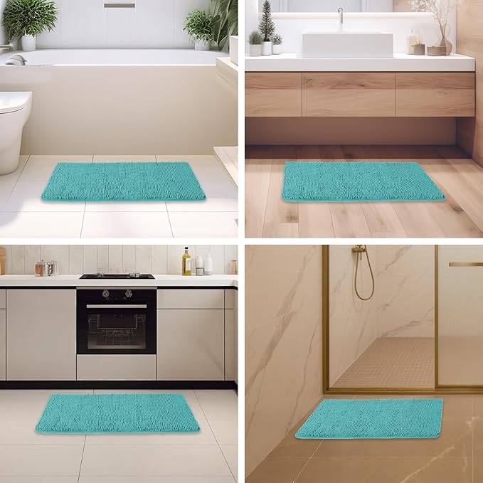 Teal Bathroom Rugs – Absorbent and Washable Bath Mat, Non-Slip, Thick Soft Chenille Bath Rugs for Bathroom Floor, Shower, Sink - 20" x 32"