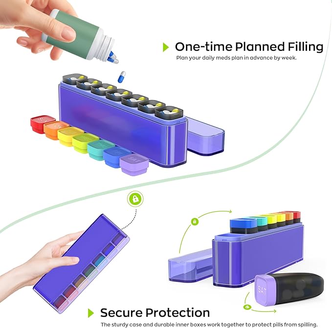 Weekly Pill Organizer 1 Time a Day, HIONXMGA Portable Detachable Travel Pill Box 7 Day, Large Once Daily Pill Holder Case, Color-Coded Dispenser for Vitamin Medicine Supplement Fish Oil, Purple