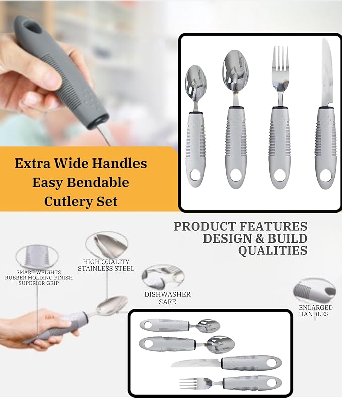 Adaptive Utensils 4-Piece Set – Weighted Utensils for Parkinson’s & Hand Tremors, Built-Up Non-Slip Handles, Arthritis Silverware for Elderly & Seniors, Stainless Steel Flatware