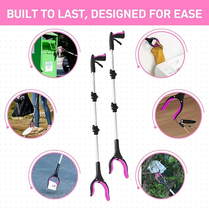 Grabber Reacher Tool for Seniors, 36" Foldable Reacher Grabbers Pickup Stick with Anti-Slip 360° Rotating Jaw, with Magnet for Disabled, After Surgery Recovery (Pink, 36inch 2pack)