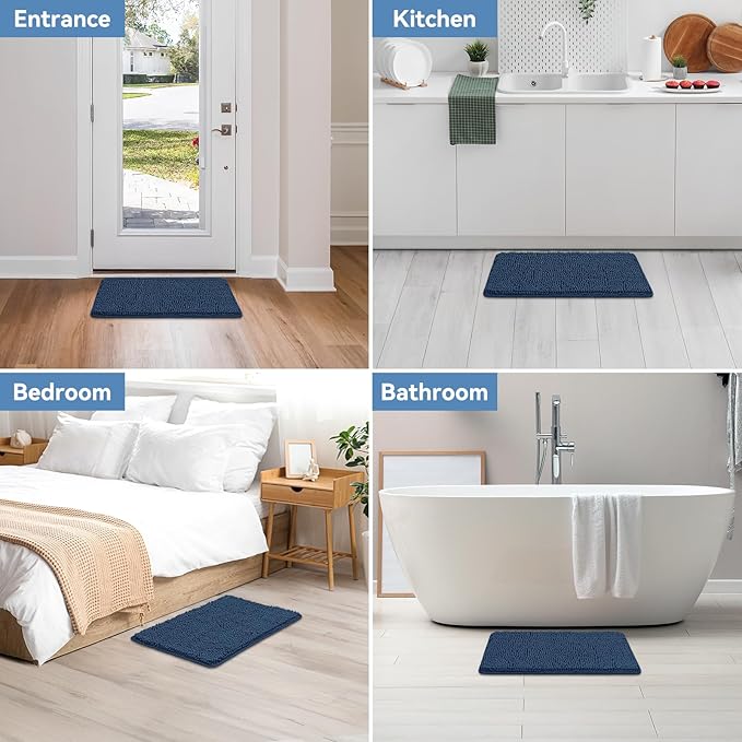 Bcoimo 24x17 Chenille Bath Mat – Non-Slip with Backing Bath Rug Ultra-Absorbent and Machine Washable Bathroom Mat Quick-Dry Design. Ideal for Bathroom Shower and Tub Areas