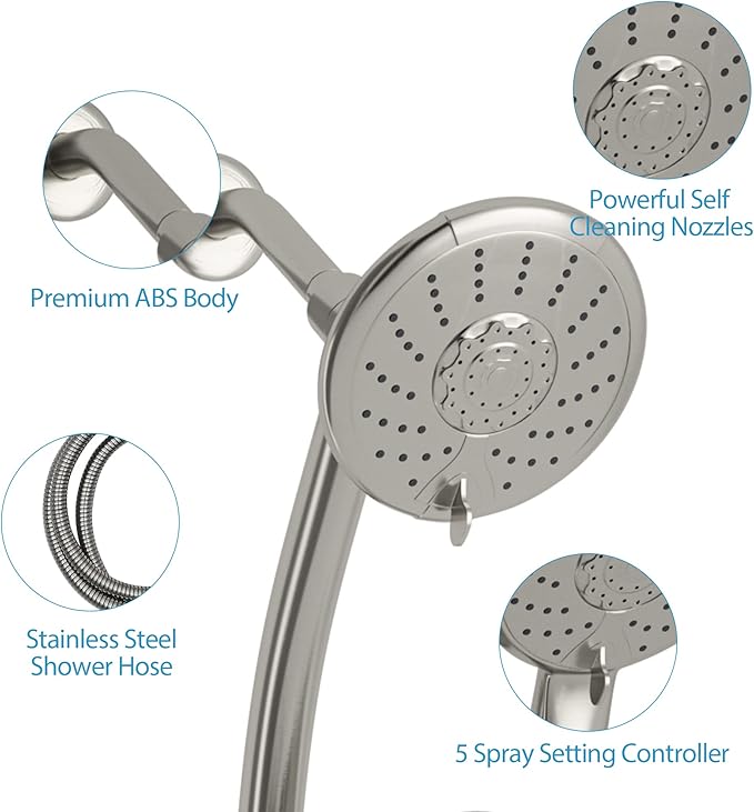Lordear Rain Shower Head with Handheld Spray 5 Setting 3-Way Water Diverter Double Rain Hotel Spa Dual Bathroom Rain Shower Head Combo with Adjustable Sliding Bar,Brush Nickel