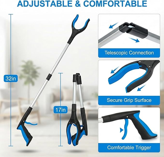 4 Pack Reacher Grabber Set: 32" Foldable Pick Up Tool with Magnet (Blue/Yellow), 16" Stainless Steel & 12" Mini Iron Grabber, 360° Rotating Head Trash Picker for Seniors & Garden
