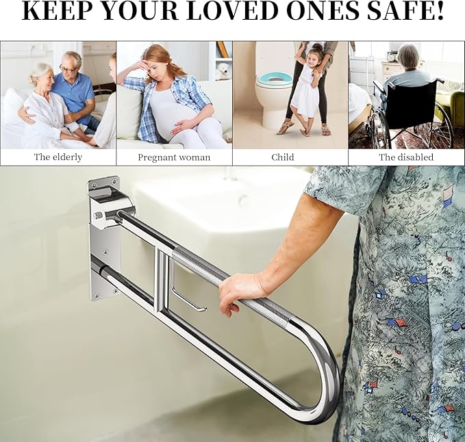 Toilet Grab Bar 30.3 Inch, YuanDe Flip Up Grab Bar with Paper Holder, Polished Chrome Anti-Slip Safety Bars for Toilet, Stainless Steel Knurled Toilet Handles for Seniors Disabled Elderly Pregnant