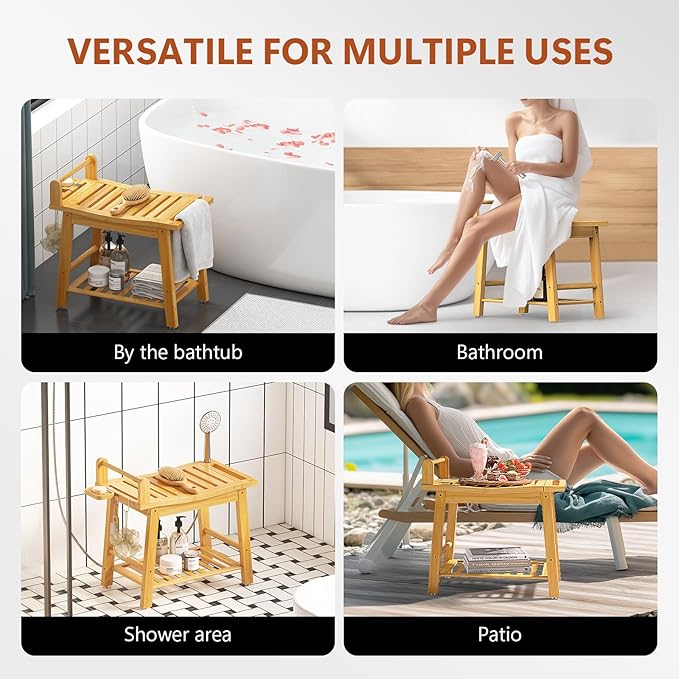 Bamboo Shower Benches for Inside Shower to Sit on, 2-Tier Shower Stool Waterproof with Arm, Heavy Duty Bathroom Bench with Storage Shelf and Shower Header Holder for Seniors, Disabled, Women, Natural