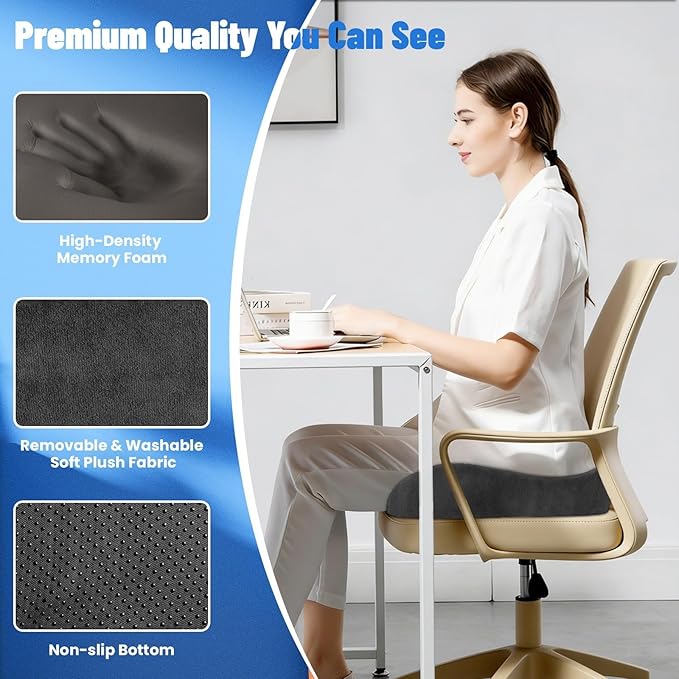 Wheelchair Seat Cushion, Premium Memory Foam Office Chair Cushion, Supportive Donut Pillow for Sciatica, Tailbone & Back Relief, Ergonomic Long Sitting Chair Pad for Car, Airplane, Grey