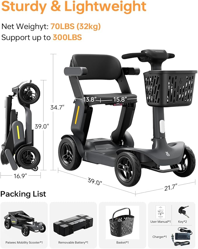 Paiseec S3 Mobility Scooter for Seniors, 25 Miles Long Lasting Mobility Scooter Foldable, Lightweight Travel Scooter for Seniors, 300 lbs Capacity, AI Speed Control, 250W Motor (Grey-25miles)