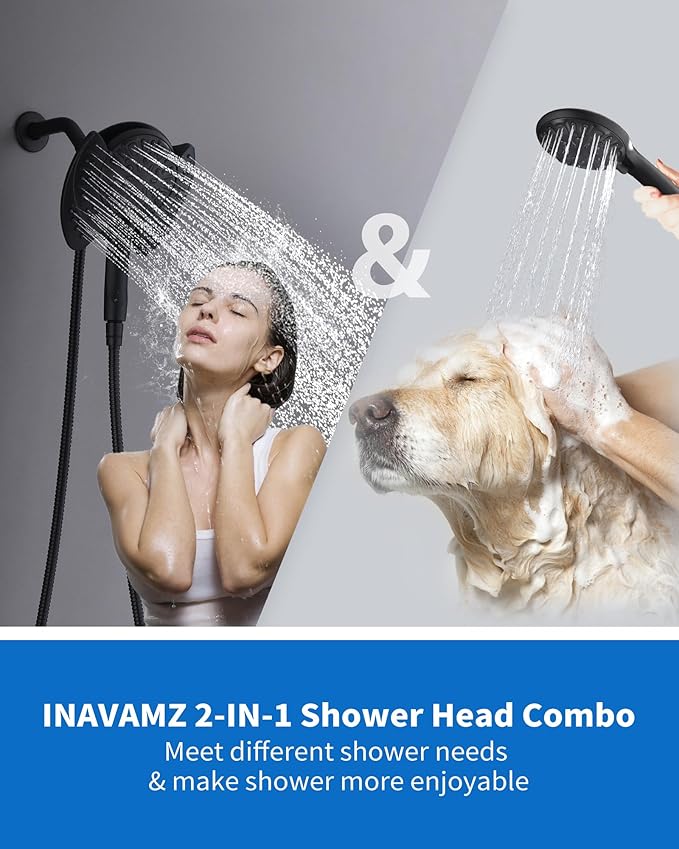 INAVAMZ 2-in-1 Shower Head with Handheld Combo: 2.5GPM Rainfall & Handheld Shower Head Use Together or Alone, 9 Spray Settings Hand Held Shower Head with Hose, Black