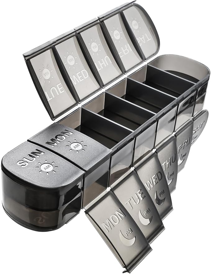 FHORAIN XL AM PM Pill Organizer 2 Times a Day, Fade Resistant Extra Large Weekly Pill Box 7 Day, Double-Sided 14 Compartments for Vitamins, Fish Oil, Supplements & Gummies (Black)