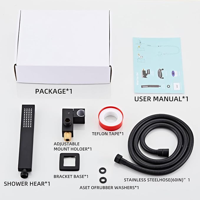 Bathroom Square Matte Black Solid Brass Hand Held Shower Head With Wall Connector and Hose System Wall Mount Handheld Showerheads Set