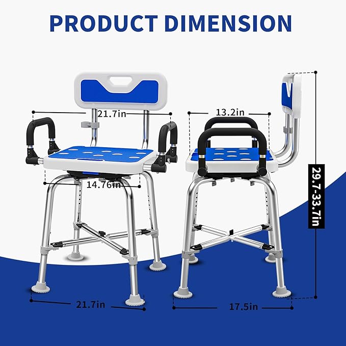 360° Swivel Shower Chair with Arms and Back, Heavy Duty 500 lbs Bariatric Bath Bench for Seniors Elderly Disabled Adults, Upgraded Adjustable Height Shower Stool for Inside Shower Stall