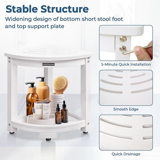 KingPavonini Waterproof Corner Shower Stool for Inside Shower, Anti-Fading Shower Bench for Shaving Legs, HDPS Anti-Fracture Shower Seat with Storage Shelf, Rapid Assembly, Load 400 Pounds