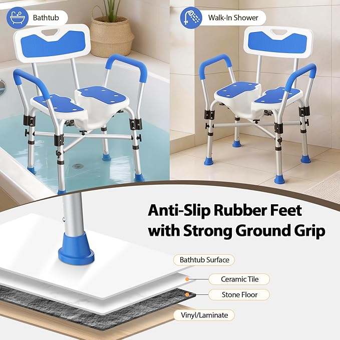 Heavy Duty Shower Chair for Inside Shower FSA/HSA Eligible, 500LBS Shower Chair with Arms & Back, Padded Bath Seat with U-Shaped Cutout, Anti-Slip Adjustable Bath Stool for Seniors, Handicap, Pregnant