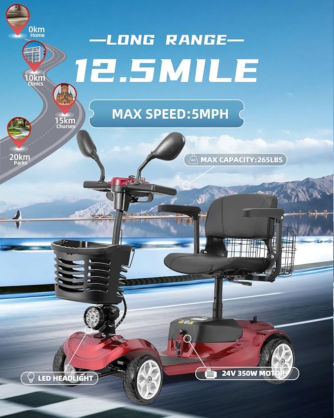 4 Wheel Electric Power Mobility Scooter for Adults, Electric Scooter for Seniors Folding Mobility Scooter -Max Speed 5 Mph,12.5 Miles Long Travel Range