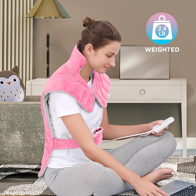 Comfytemp Heating Pad for Back, Neck Shoulder Weighted Design for Snug Fit, 22"x33" FSA Eligible Electric Wearable Throw, 2H Auto-Off, HSA Large Heated Wrap, Machine Washable, Pink