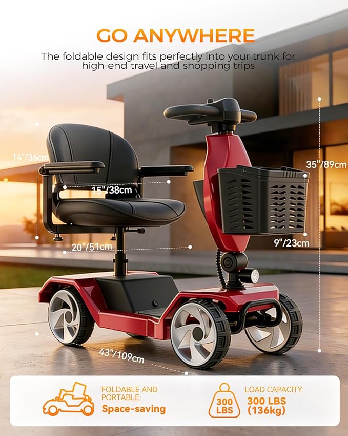 Foldable Mobility Scooters for Seniors, Black Powered Electric Wheelchair, 4 Wheel Lightweight Mobility Scooters for Adults, Mobility Scooter with Seat, Folding Travel Motorized Scooter