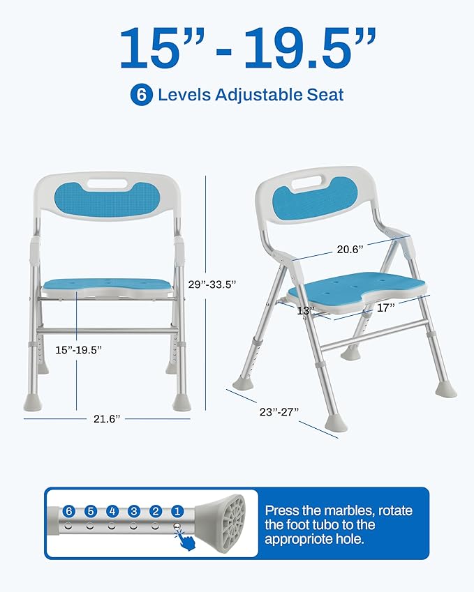 Folding Shower Chair for Inside Shower with Arms and Back, 400 LBS Foldable Bath Seat for Elderly Seniors & Disabled, Heavy Duty Portable Shower Stool with U-Shape Cutout & 6-Level Height (Blue)